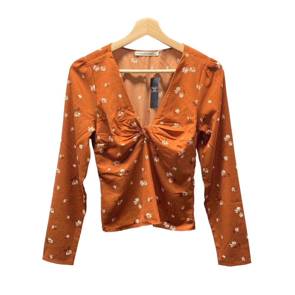 Abercrombie & Fitch Floral Twist Front Long Sleeve Blouse in Rust Orange
